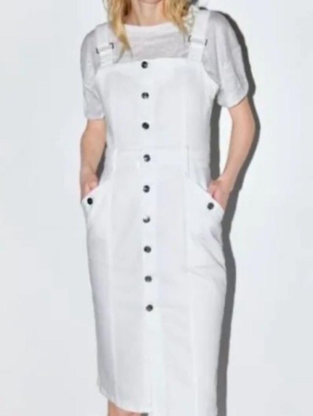 Zara White Denim Overall Dress Sz L Nwt